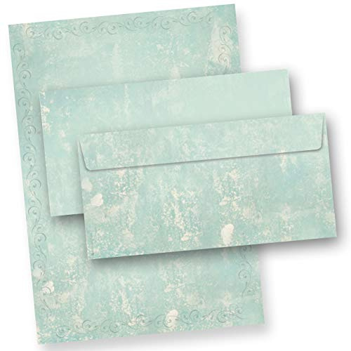 Briefpapier Set Türkis Grün marmoriert (25 Sets) Vintage A4 297 x 210 mm 90 g/qm mit Umschläge
