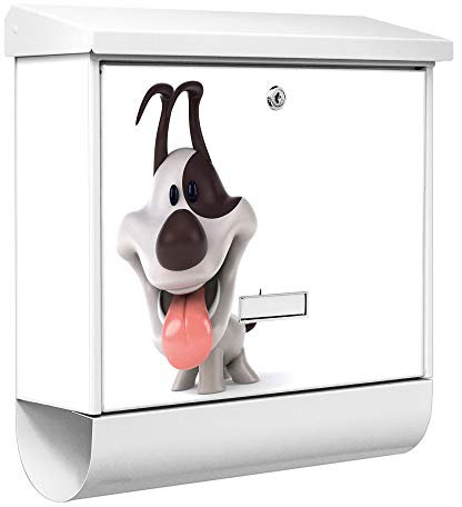 banjado® Burgwächter Briefkasten Weiß 38x39x12cm mit Motiv Comic-Hund/Briefkasten mit Zeitungsfach/Briefkasten mit Zeitungsrolle/Postkasten inkl. Montagematerial & 2 Schlüsseln