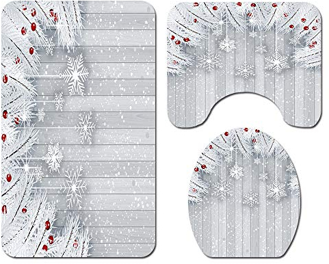 Morbuy 3-teiliges Badvorleger-Set Duschmatte + Konturmatte + WC-Deckelbezug, Weihnachtsmann rutschfeste Badvorleger für Küche, Weihnachten (Schneeflocke)