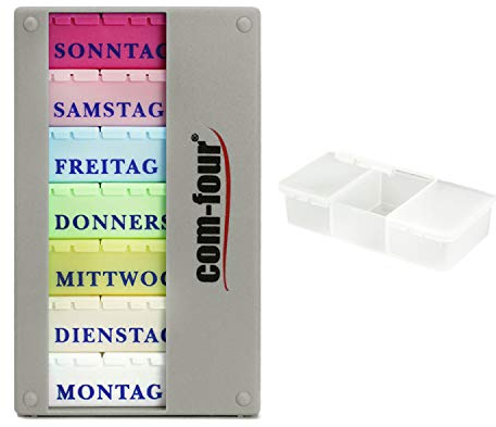 com-four® Medikamentendosierer 7 Tage - Medikamenten-Box (Morgens, Mittags, Abends) - Pillendose - Tablettendose - Wochendosierer (01 Stück - silberfarben-schwarz mit Zubehör V2)