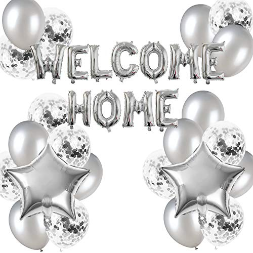 FACHY Herzlich Willkommen Zuhause Deko, Willkommen Zuhause Banner Ballon mit Stern Konfetti Luftballons für Willkommen Zuhause Baby Deko Familie Party Dekoration(24 Stück)(Silber)