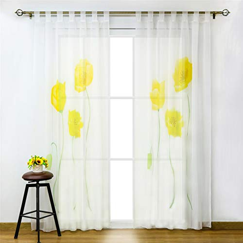 SCHOAL Gardinen mit Schlaufen Transparente Vorhänge Voile Gardinenschal Modern Blumen Muster 1 Stück BxH 150x225cm Gelb
