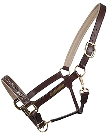 QHP Luxus Lederhalfter Halfter Lupine mit Strass-Steinen (Vollblut, braun/beige)