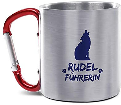 Tassendruck Karabiner Edelstahltasse - Rudelführerin blau - Geschenk für Camper, Campingtasse, Hundeliebhaber, Outdoortasse, Geburtstagsgeschenk, 280 ml
