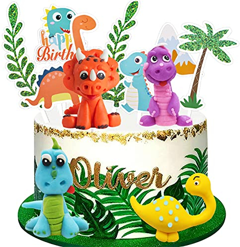 Miotlsy Dinosaur Birthday Cake Decorations- Pack of 11 Happy Birthday Clay Cake Topper Forest Green Leaf Jungle Cake Pick Baby Shower Kids Party Cake Accessories