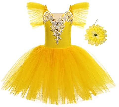 IWEMEK Kids Girls Ruffle Sleeve Lace Flower Tutu Ballet Dress + Hair Clip Gymnastics Leotard Dance Ballerina Costume Fairy Swan Skating Children Dancewear Ballroom Dancer Costume Yellow 4-5 Years