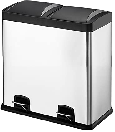 Poubelles Bac à double recyclage 60L, poubelle en acier inoxydable, poubelle à pédale de déchets alimentaires, couvercles en plastique, compartiments amovibles de 2x30 litres for séparer les déchets