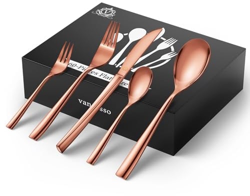 vancasso Cutlery Set 60 Piece, 18/10 Stainless Steel Solid Cutlery Set for 12, Noble Square Handle Design, Silverware Tableware Set for Home Restaurant, Mirror Polished, Dishwasher Safe - Rose Gold
