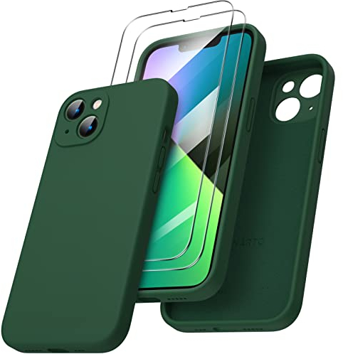 ORNARTO Compatible with iPhone 13 Case 6.1 inch, with 2 Screen Protector Liquid Silicone Gel Rubber Cover [Full Body] Shockproof Protective Phone Case for iPhone 13-Clover Green
