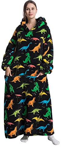 Extra Long Wearable Blanket Hoodie, Oversized Blanket Sweatshirt for Women and Men, Super Warm and Cozy Giant Hooded Blanket, Thick Flannel Blanket with Sleeves and Giant Pocket (Colorful Dinosaur)