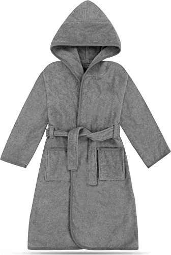 normani Kinder Bademantel auf 100% Bio-Baumwolle Badetuch für Jungen und Mädchen - Frottee Kapuzenbademantel Farbe Hellgrau Größe 122-128