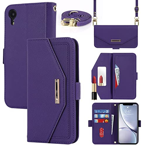 Cavor Coque Compatible avec iPhone XR Etui avec Cordon,Flip Portefeuille Étui Cuir,[5 Porte Cartes][Miroir][Magnétique][Réglable Collier] Housse - Violet