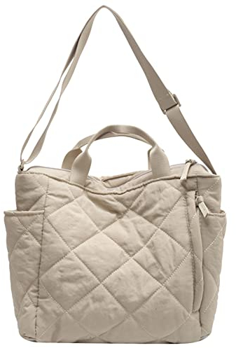 Fiorky Damen Puffer Bag Gesteppte Tragetaschen Herbst Winter Baumwolle gepolsterte Umhängetasche Crossbody Tasche Rhombic Gitter Einfarbig Hobo Geldbörse Handtasche for Büro Arbeit Reisen, weiß,