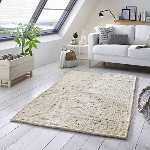 TacaHome Wollteppich Natur Handweb Teppich I Reine Schur-Wolle im Skandinavischen Design I Wohnzimmer Schlafzimmer Esszimmer Kinderzimer Büro | 120 x 170 cm Natur