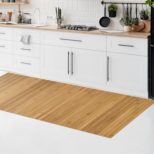 CosìCasa Bambusteppich für die Küche mit Rutschfester Unterseite | Badematte Holz Pflegeleicht | Bambus Bambusmatte Bad | Küchenläufer rutschfest Bambus | Natürlicher Sand 50X160