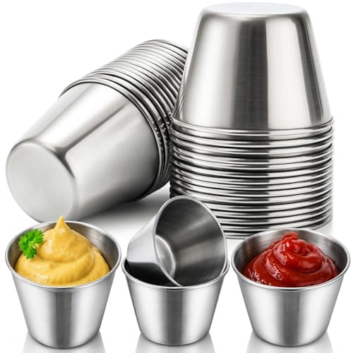 Pumtus 30 Pack Stainless Steel Sauce Cups, 2.5OZ&1.5OZ Small Ramekin Condiment Sauce Dishes, Mini Individual Saucers, Commercial Grade Dipping Cups, Sushi Dipping Bowl Appetizer Plates