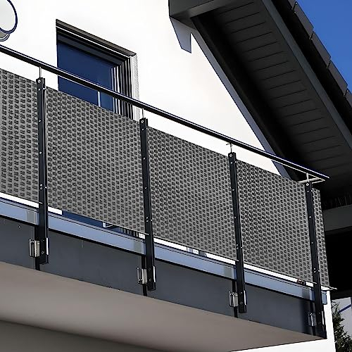 NYVI Polyrattan Balkon Sichtschutz Privafence 90x500 cm Hellgrau - Balkonbespannung mit Metallösen - UV-fest, Witterungsbeständig, 100% Blickdicht - Balkonumspannung Balkonumrandung 0.9x5 cm
