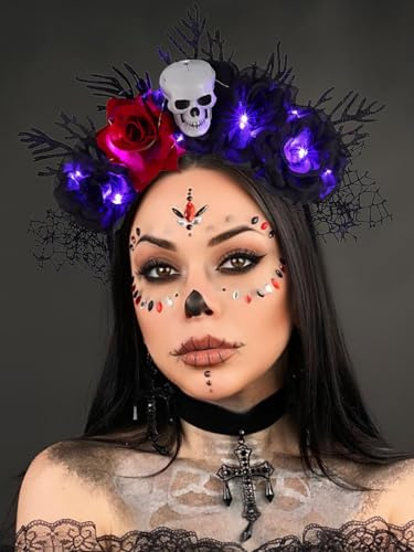 Zoestar Halloween Blumenkrone Stirnband Leuchtende Totenkopfzweige Kopfbedeckung LED Spinnennetz Haarband Tag der Toten Haarschmuck für Frauen und Mädchen