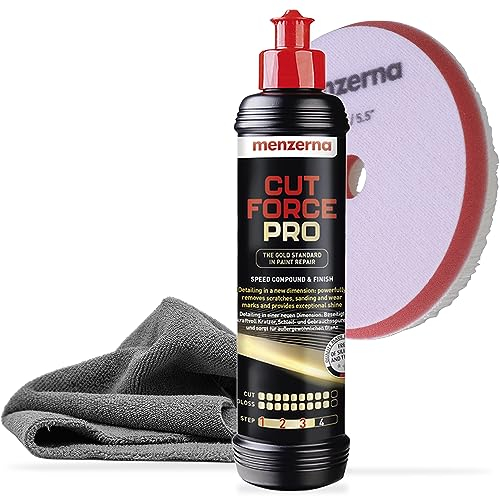 Menzerna Cut Force Pro Auto Politur Set 250ml 3in1 |All in One Autopolitur zum Kratzer entfernen |Profi One Step Polierpaste Schleifpaste |alle Lackarten + Orbital Wool Polierpad + Poliertuch 380GSM