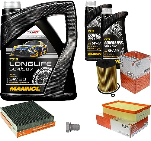 Inspektionspaket Wartungspaket Filterset mit 7 L Motoröl Longlife 5W-30, Ölfilter, Luftfilter, Innenraumfilter (Aktivkohle), Verschlussschraube