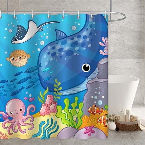 Guofuos Duschvorhang Die Unterwasserwelt 300x90cm Duschvorhäng Anti Schimmel,Wasserabweisend Stoff Duschrollo Waschbar,3D Draussen Bad Vorhang Schnell Trocknend,Badewanne Badezimmer Decor Vorhänge