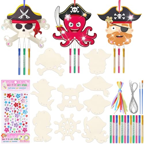 Heartsking 9 Stück Windspiel Bastelset Kinder, Piraten Kindergeburtstag Basteln Holz DIY Doppelseitig mit Windspielröhren Pinsel Strass Sticker Seil für Mädchen Jungen ab 3 4 5 6 7 8 Jahre
