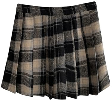 Damen Faltenrock Mini Rock Winter Vintage Rock Karierter Wolle mit Hoher Taille, Frauen Mädchen A-Linie Plaid Faltenröcke Mini Karierter Rock Tennis Tanz Kostüm (Brown, L)