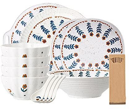Retro Dinner Sets for 4,Handpainted Floral Pattern Stoneware Dinner Set,Tableware with Dinner Plate/Small Spoons/Soup Bowl-23 Pcs