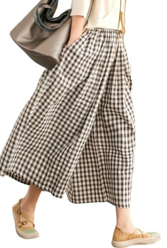 Leyoutx Pantacourt Palazzo en coton et lin pour femme - Taille élastique - Motif carreaux vichy, café, Taille L