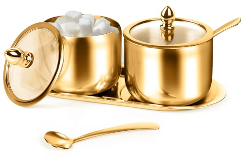 holoith 2 Pcs Coffee and Sugar Dispenser with Tray - 10 oz Sugar Bowl with Glass Lid and Spoon for Coffee Bar Accessories Kitchen Storage for Salt,Coffee Bean,Brown Sugar Cubes (Gold), 20231121.01