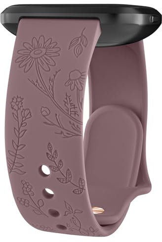 Wanme Gravé Floral Bracelets de Montre 20mm 22mm, Bracelets en Silicone Imperméables, Bracelet de Remplacement Réglable à Dégagement Rapide pour Homme Femme (Fumée Violet, 20mm)