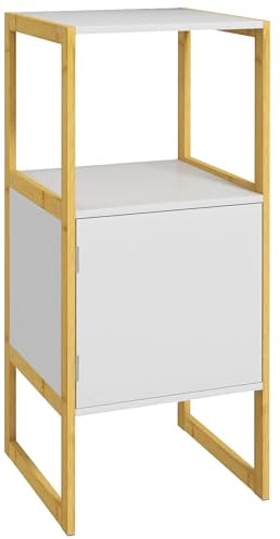 HOMCOM Mobile Colonna Bagno con Ripiano Aperto, Armadietto Bagno con Apertura a Pressione in Bambù e MDF, 33x33x80cm, Bianco
