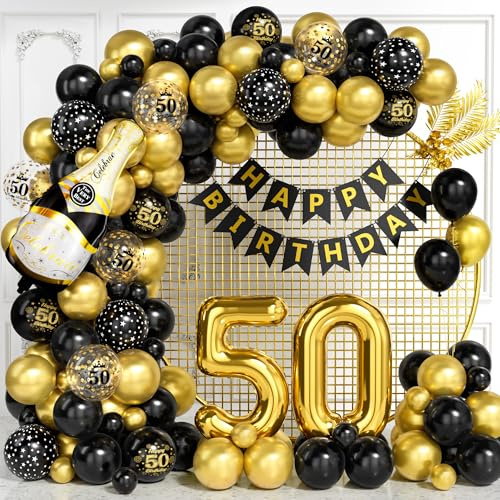 50 Geburtstag Deko für Männer, Schwarz Gold Luftballon Bogen Kit mit Nummer 50 Folie Ballons Konfetti Ballons Happy Birthday Banner, Schwarz Gold Party Deko für 50 Jährige Frauen Jubiläum