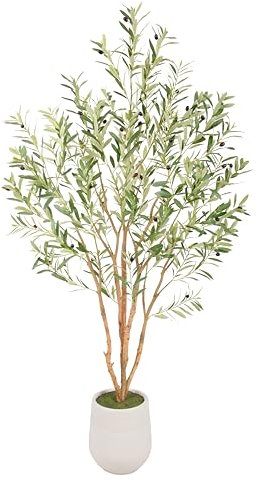 Bellacat 6ft Super Fuller Faux Olive Tree with White Decorative Planter & Multiple Real Wood Trunks, 72in Olive Trees Artificial Indoor with Realistic Fruit, Fake Olive Tree for Indoor & Outdoor Décor
