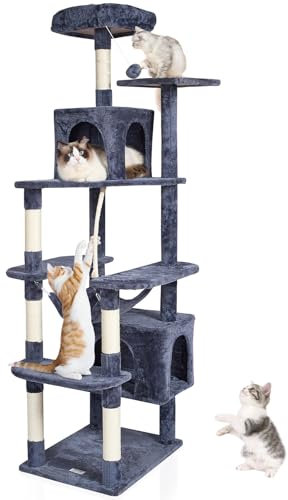 VEVOR Cat Tree - 72 Tower with 2 Cat Condos, Sisal Scratching Post, Hammock, Top Perch, Jumping Platforms, Dark Grey