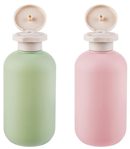 Gjinxi 2Pcs Squeeze Bottles with Flip Cap, Refillable Plastic Travel Containers Empty Bottles Travel Accessories Shampoo and Conditioner Bottles for Creams, Lotion (Green Pink, 200ML)