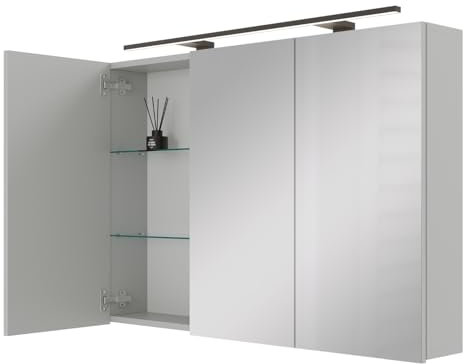 Planetmöbel ARIA Spiegelschrank Bad mit Beleuchtung 100 cm breit | Badschrank hängend mit Spiegel | Weiß Grau, mit Leuchte und Steckdose, Spiegelschrank Gäste WC 100 x 70 x 16 cm