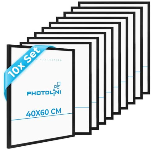 PHOTOLINI Cadres 40x60 noir bois MDF, cadre noir 40x60 lot de 10 pour poster et affiches, cadre 40 x 60 verre acrylique incassable, cadre photo 60x40 à suspendre, avec accessoires supplémentaires