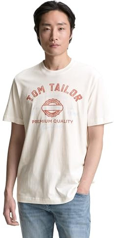Tom Tailor Herren 1037735 T-Shirt Aus Baumwolle Mit Logo-Print, 10332 - Off White, XXL EU