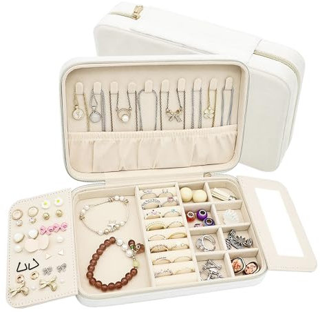 Boxudeli Reise-Schmuckkästchen, großes Schmucketui aus Samt, tragbarer kleiner Schmuck-Organizer für Ohrringe, Ringe, Halsketten, Armbänder, Reise-Schmuckaufbewahrungsbox für Frauen (Beige)