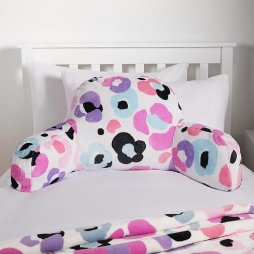 OHS Leopard Print Kids Cuddle Cushion, Reading Pillow for Beds Sofa Supportive Soft Cosy Teddy Fleece Gaming Cushion with Arms Backrest Relaxing Comfy, Pink