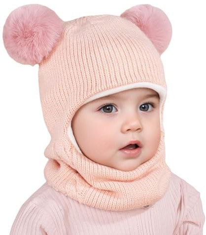 Schlupfmütze Kinder mit Bommel Wintermütze Fleecefutter Mütze Mädchen Jungen Schalmütze Baby Strickmütze Warme Weiche Beanie Unisex Niedlich Schlupfmütze Kindermütze für Kleinkind Kinder 2-6 Jahre
