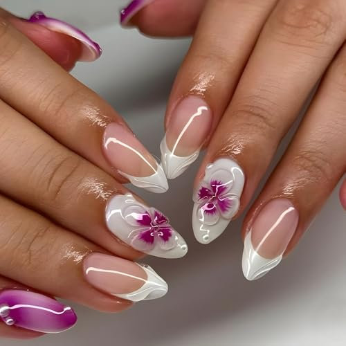 White French Tip False Nails Medium Almond, SXVME 3D Handmade Press on Nails with Purple Flower Design Full Cover Acrylic Fake Nails Press ons Stick on Nails for Women 24 Pcs