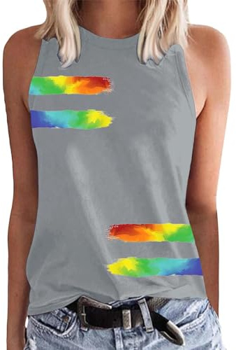 Vest Tops for Women Camisole Tank Top Undershirts Tank Tops For Women Crew Neck Sleeveless Tie Dye Shirt Casual Summer Solid Color Cropped Workout Top (Grey, L)