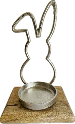 khevga Teelichthalter Ostern aus Mangoholz und Metall – Osterdeko Tischdeko mit Metallhasen – Unikat Kerzenhalter für 7 cm Kerzen – Naturholz Deko für Wohnzimmer und Esszimmer