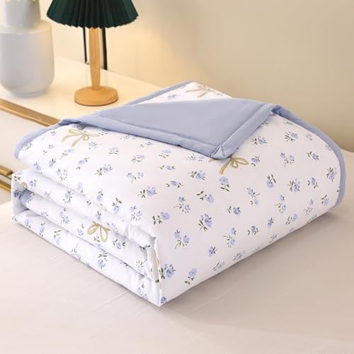 Odot Coverless Duvet Single 4.5 Tog 150x200cm - Summer Single Girls Coverless Quilted Blue Flower Printed, Reversible Bedspreads Blanket Throw For Kids