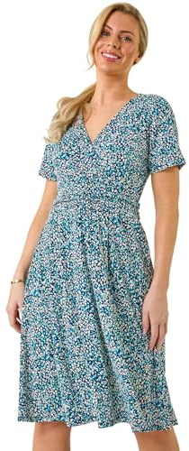 Roman Originals Wrap Dress for Women UK Ladies Swing Skater Fit & Flare A Line Tea Stretch Knee Length V-Neck Holiday Summer Smart Casual Work Party Evening - Petite Dark Blue - Size 18