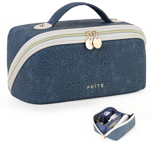 Prite Kosmetiktasche Reise Make Up Tasche mit Pinsel-Fächer, Blau, M | Schminktasche, Kulturtasche, Zwei Größen, Wasserdichte PU-Leder, Transparente Trenner, Tragbarer Griff, Geschenkboxverpackung