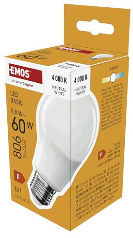 EMOS - LED-Lampe BASIC A60 - E27 Sockel - Neutralweiß - 806 lm - 8,8W (Ersatz für 60W Glühbirne) - Lebensdauer 20 000 Stunden - Abstrahlwinkel 200° - CRI min. 80