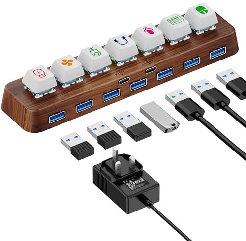 AODUKE 7-Port USB 3.0 Powered Hub mit Walnussholz-Design, 5 Gbit/s Datenübertragung, RGB-Beleuchtung, Hot-Swappable 3-polige mechanische Tastaturschalter-Erweiterung, Dockingstation-0736